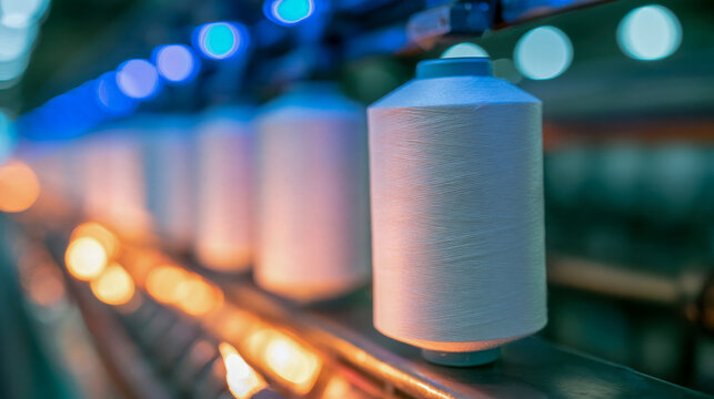 Close-up of thread spool on textile machinery inside a factory, representing industrial manufacturing, automation, sewing, weaving and fabric production