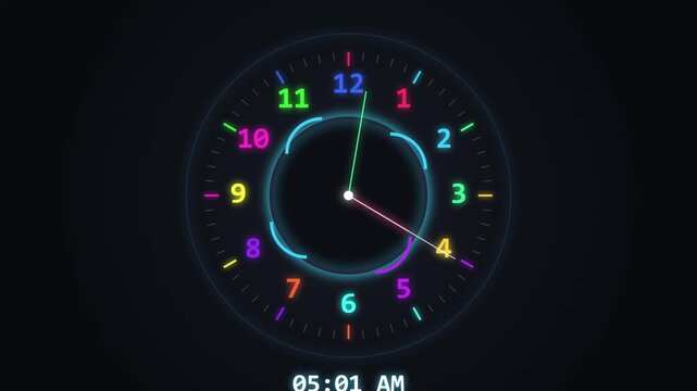 Digital clock interface with colorful numbers and rotating hands on a dark background motion loop