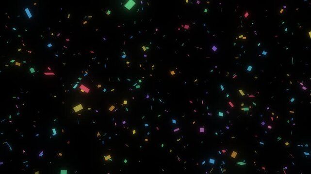 Seamless loop of colorful confetti in blue, pink, green, yellow and purple falling and tumbling at different speeds on a black background, creating a festive and joyful celebration mood