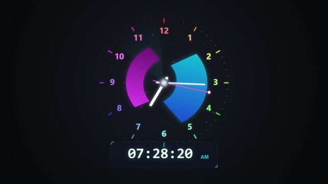 Futuristic digital clock interface with colorful neon glowing segments and moving hands on a screen