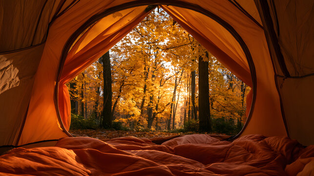 Cozy autumn camping view from inside a tent looking out at a vibrant golden forest with colorful fall foliage trees and morning sunlight shining through branches during a peaceful wilderness outdoor a