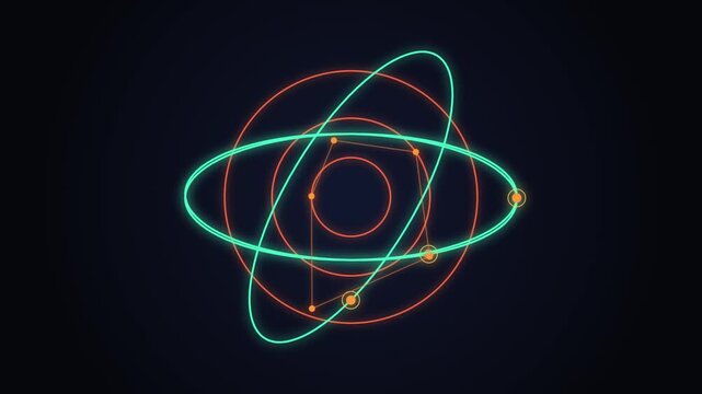 Glowing atomic structure and orbital rings rotating against a dark background in motion graphics