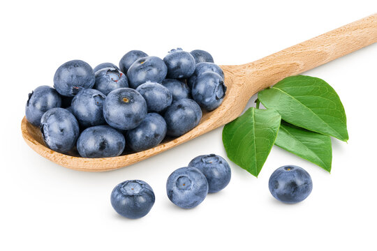blueberry in wooden spoon isolated on white background