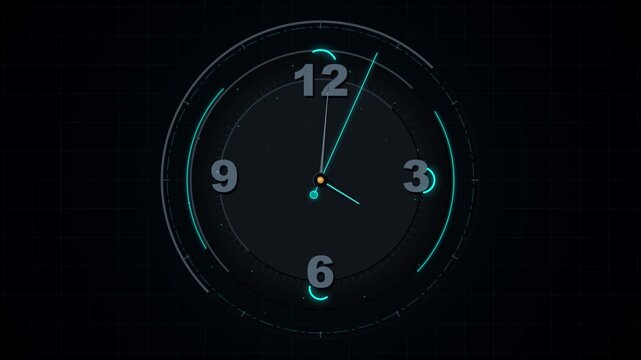 Neon clock face with moving hands and glowing futuristic interface rings on dark background grid
