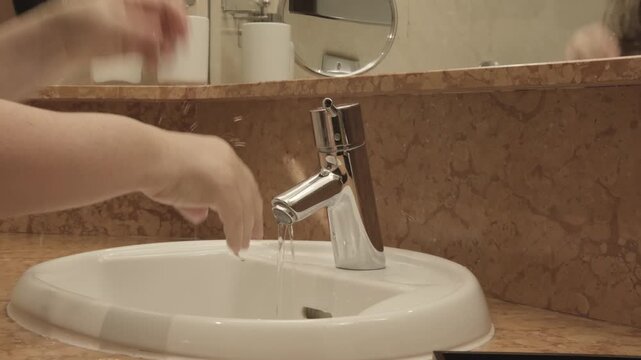 washing hands in sink, morning skincare routine in interior, Self-care and mindfulness, basic hygiene, chrome European plumbing