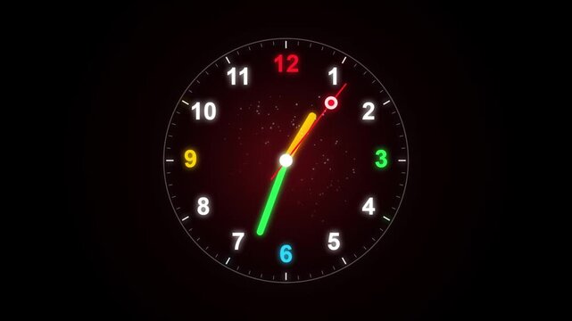 Neon analog clock face with colorful glowing numbers and moving hands against dark background