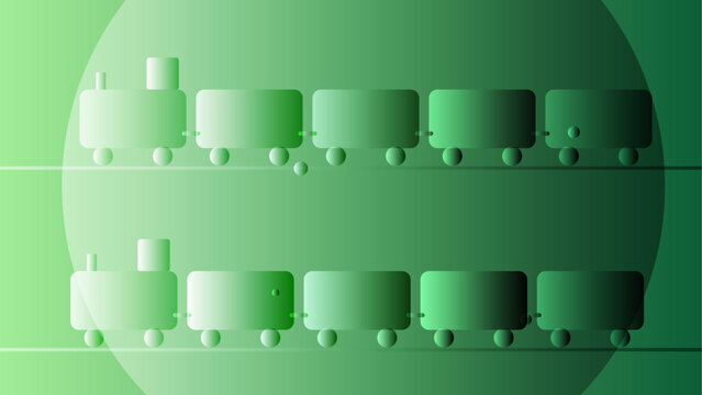 Minimalist green abstract train locomotive with multiple carriages on tracks against a gradient circle background for conceptual transport design