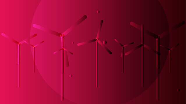Abstract magenta wind turbine farm silhouette against a dark pink circular sun for clean energy concept and sustainable power environmental design