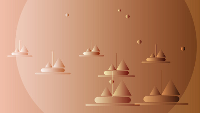 Minimalist abstract geometric sailboats floating on a serene copper peach sunset background with soft gradient spheres
