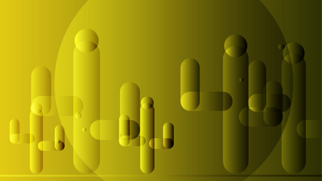 Abstract yellow background with geometric pill-shaped cactus figures and glowing circular overlay design elements