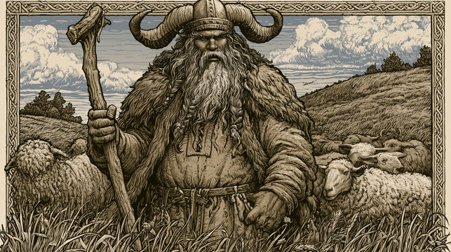 Slavic God Veles as Protector of Cattle and Sheep  Illustration
