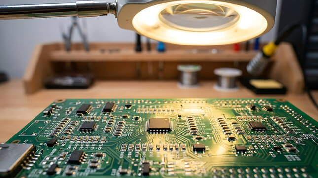 Close-up view of an electronic circuit board being inspected under an illuminated magnifying lamp on a workbench