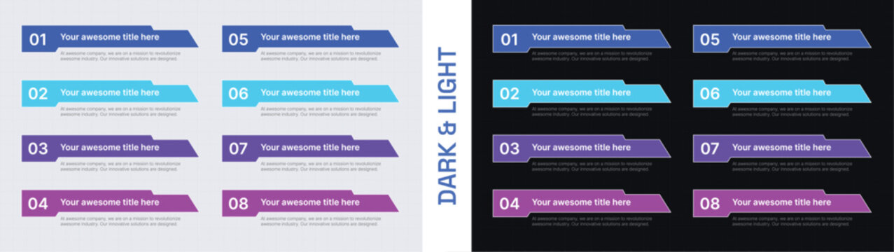 Set of 8-step infographic list template with numbered options, dual column layout with dark and light background variations for business reports and project management presentations