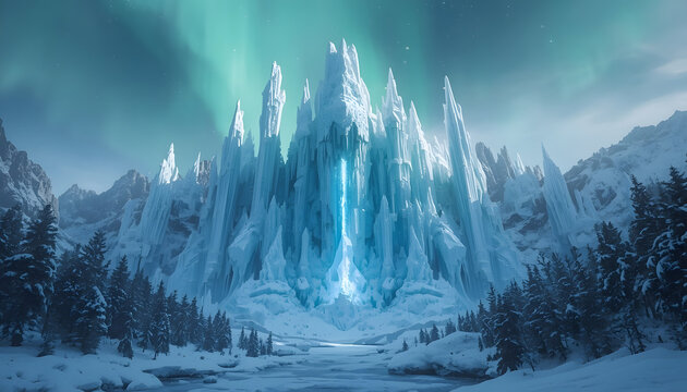 A massive magical ice castle with tall spires rising from a snowy forest valley under a green aurora sky aurora borealis fantasy palace frozen castle mountain peaks winter forest northern lights