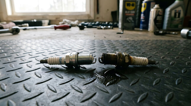 New and used automotive spark plugs lying on a textured metal workbench in a workshop