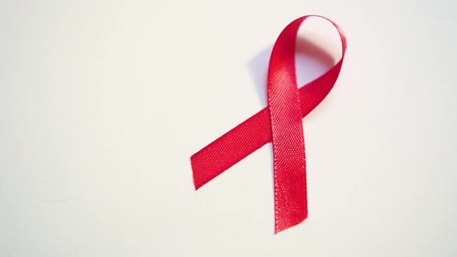 Red ribbon on white background symbolizing global AIDS awareness and HIV prevention. Emblem of support, compassion, and solidarity with people living with HIV and fighting stigma worldwide.