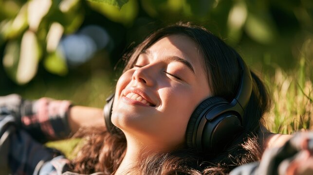 Happy girl wearing dark headphones in nature, serene close-up capturing relaxation, mindfulness, and rest from schoolwork