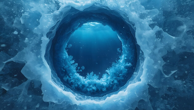Circular ice hole in a frozen lake with deep blue water winter ice texture frozen pond winter landscape glacial water cold nature ice surface ice formation cracked ice sheet ice cap