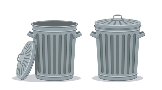 Metal trash cans with open and closed lids illustrated in clean vector style