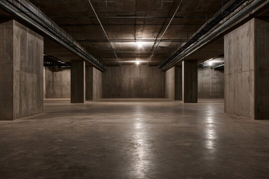 Bare unfinished concrete basement space ready for finishing