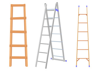 Set of various wooden and metal step ladders for construction and home renovation projects transparent background © MorshedBD