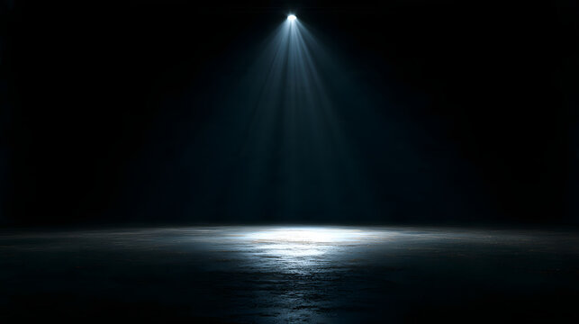 Bright spotlight shining down in a dark empty room creating dramatic shadows and a moody atmosphere perfect for product presentation, theatrical stage performance, concert show, or mysterious backgrou