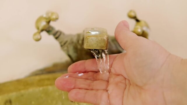 washing hands in Rustic brass sink, morning skincare routine in Moroccan-style interior, Self-care and mindfulness, basic hygiene and cultural touch in Morocco