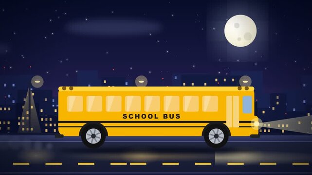 A bright yellow school bus travels down an empty city street at night under the glow of a full moon, illustrating nocturnal urban transportation