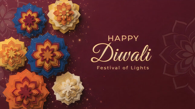 A beautiful festive background featuring decorative paper flowers and elegant typography to celebrate the joyous hindu festival of lights known as the traditional holiday diwili