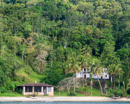 Two ruins near the shoreline. A low structure sits close to the water, while another larger building is set back amid trees. The scene shows lush greenery and a beach area in the Atlantic Forest.