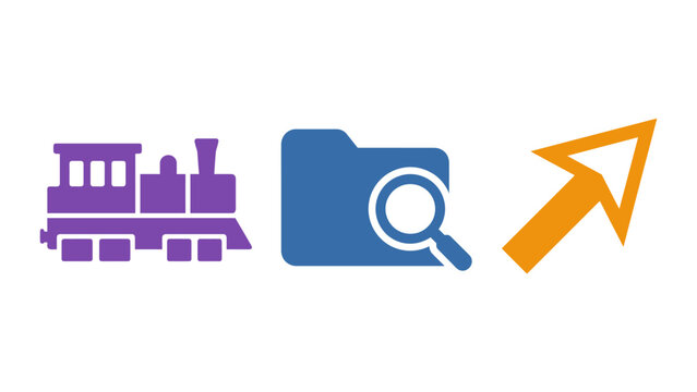 Train folder with search icon upward arrow symbolizing data search progress discovery digital search icons data flow