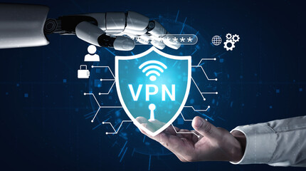 Fototapeta premium Hand of Technology and Artificial Intelligence Reaching Out to Connect with Virtual Private Network Concept in Cybersecurity Environment Haptic.