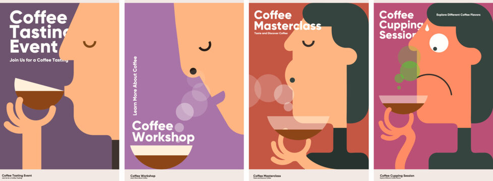 Coffee tasting, workshop, masterclass, and cupping sessions, with stylized people holding steaming cups and bold event typography.