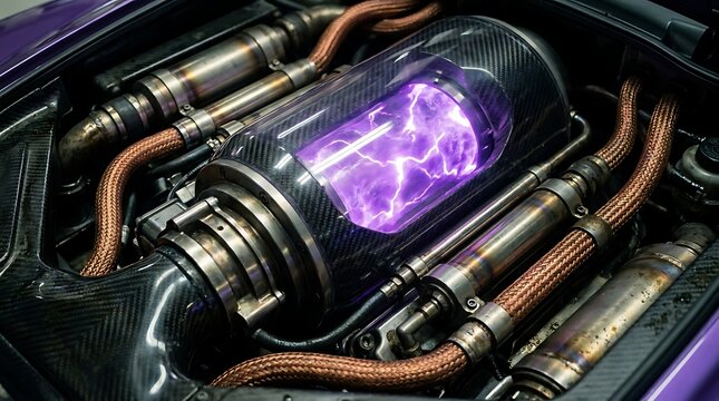 Futuristic hypercar engine bay with glowing plasma core