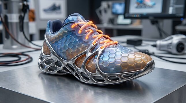 Futuristic sneaker with metallic frame and polymer scales