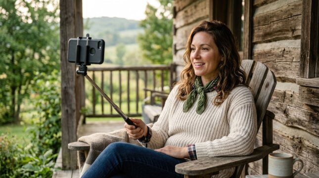 Woman Recording Video with Smartphone on Rustic Cabin Porch