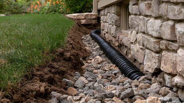 Foundation drainage system installation with corrugated black pipe laid in trench filled with gravel and rock next to stone house wall and green grass lawn exterior view for home water protection and