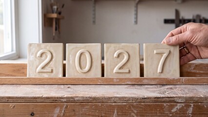 Hand arranges raised 2027 numerals on ceramic tiles for pottery studio greetings, artisan business promotions and New Year craft banners © Naeem 2.0