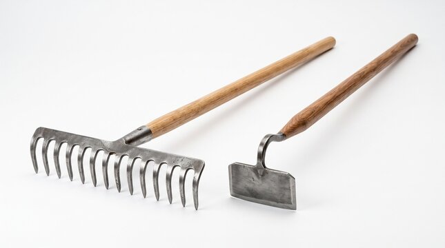 Garden rake and hoe with wooden handles and metal heads isolated on a clean white background
