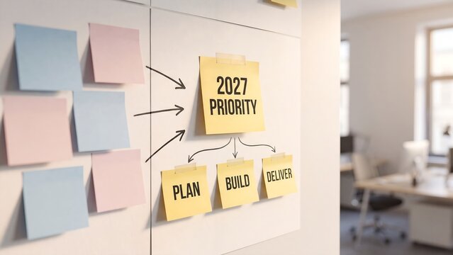 Office planning board connects a 2027 priority to Plan, Build and Deliver for business strategy presentations, workflow articles and annual goal campaigns