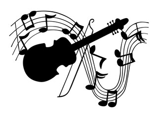 Violin silhouette with musical notes and staff lines isolated on transparent background © Jony