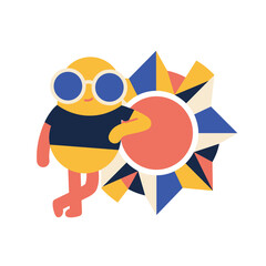 Fototapeta premium Friendly Yellow Cartoon Character Leaning on Geometric Sun Icon