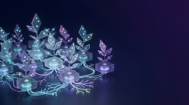 Futuristic 3D illustration of an imaginary data garden with transparent geometric plants growing from modular digital soil blocks.