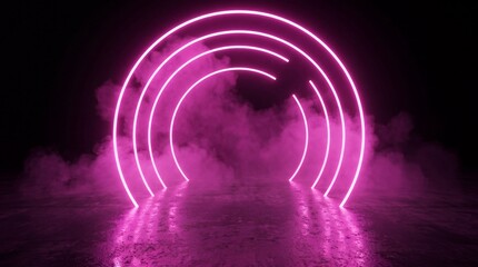 Fototapeta premium Glowing pink circular neon portal with dense smoke on a dark reflective ground for creative design.