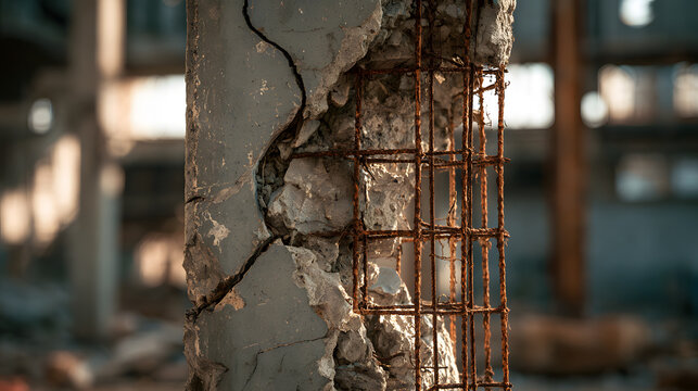 Damaged concrete pillar with exposed rusty rebar in an abandoned industrial building showing structural decay, ruin, and destruction for commercial architecture and disaster conceptual background phot