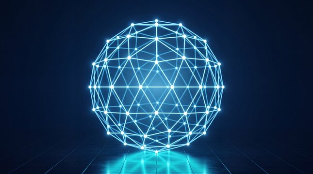 Glowing digital sphere with geometric wireframe connections floats over reflective dark floor tiles.