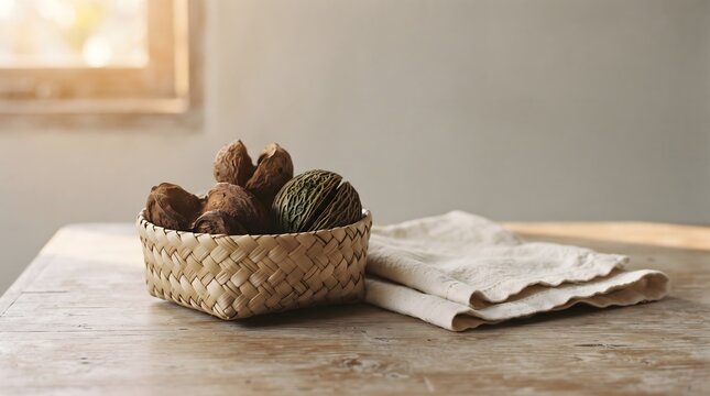 Quiet editorial still life of a handwoven palm leaf basket holding three irregular dried seed pods beside folded unbleached cotton on pale wood.