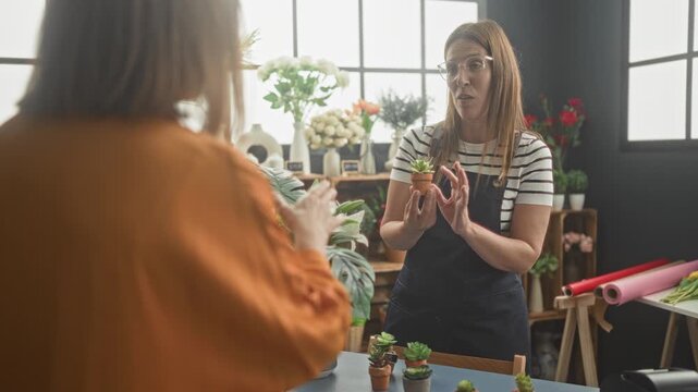 Woman florist in apron holds small potted succulent with hands while explaining arrangement options to customer at studio counter; calm helpful service.