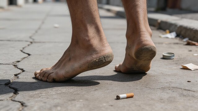 Close up of dirty bare feet walking on cracked concrete pavement. Homeless person walking barefoot on city street with discarded cigarette butt
