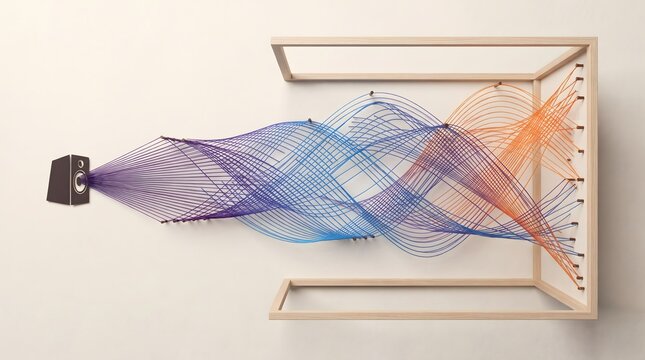 Sophisticated string art illustrating invisible sound waves with thin colored threads stretched between wooden pins, creating elegant flowing patterns in an empty room.
